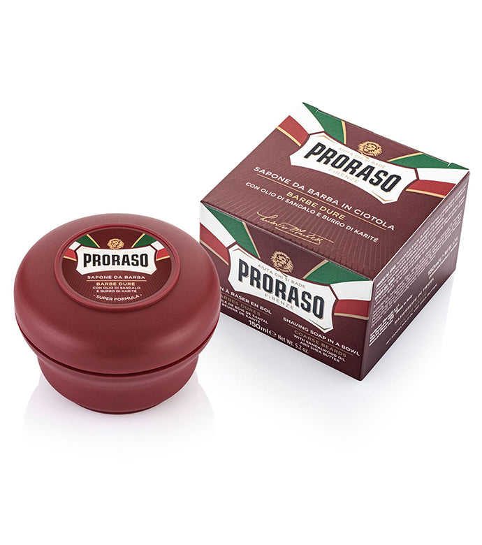 Coarse Beard Shave Soap in a bowl next to box on a white background